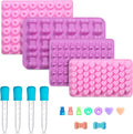 Gummy Candy Molds, 4 Pcs Silicone Chocolate Molds with 4 Droppers, Non-stick Candy Molds for Caramels, Ganache, Ice Cubes, Bone Bear Donut Heart Shape Included