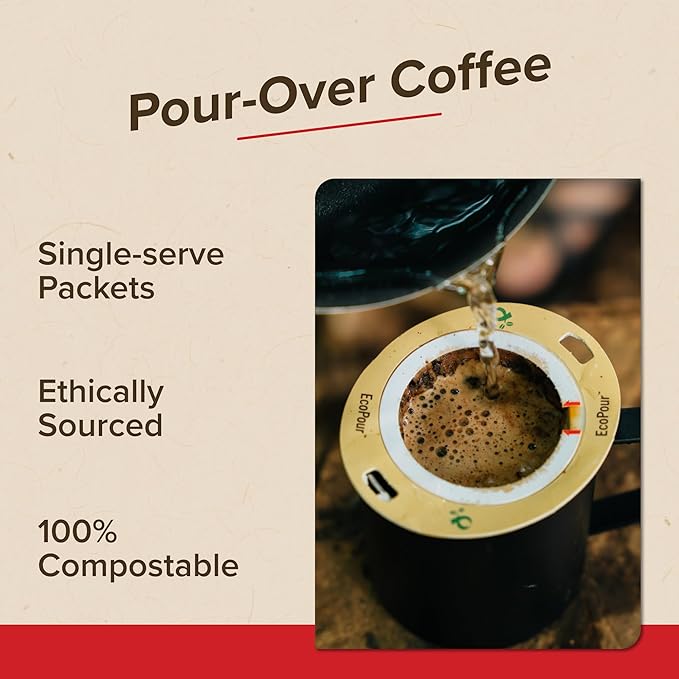 Coulée EcoPour B.I.O.N. Coffee, All Paper Single Serve Pour Over Decaffeinated Coffee, for Camping or Traveling, Pre Filled Compostable Filters, Ready to Brew with Hot Water, Plastic Free, 10 Pack