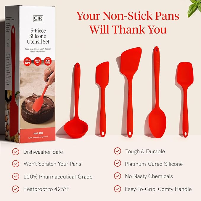 GIR: Get It Right 5-Piece Silicone Essentials Kitchen Utensils Set - Ladle, Spatula, Flip, Spoon & Spoonula - Non-Toxic Cooking Utensils for Nonstick Cookware, Cooking and Baking - Fire Red
