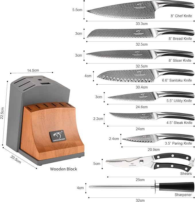 Knife Set, NANFANG BROTHERS 15-Piece Damascus Kitchen Knife Set with Block, ABS Ergonomic Handle for Chef Knife Set, Carving Fork, Disconnect-type Knife Block Set
