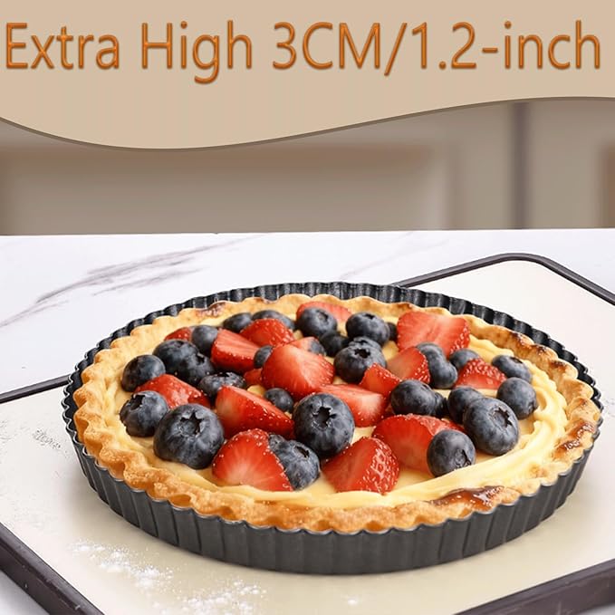 9 Inch Tart Pan with Removable Bottom, Carbon Steel Heavy Duty Nonstick Quiche Pan- Fluted Edges, Loose Bottom, 1.2-Inch Depth for Baking Fruit Tarts, Pies