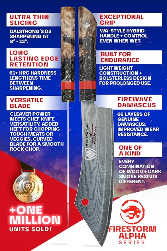 Dalstrong Hybrid Cleaver & Chef Knife - 8 inch - 'The Crixus' - Firestorm Alpha Series - Premium 10Cr15CoMoV High-Carbon Steel - Traditional Japanese Wa Stabilized Wood & Resin Handle - w/Sheath