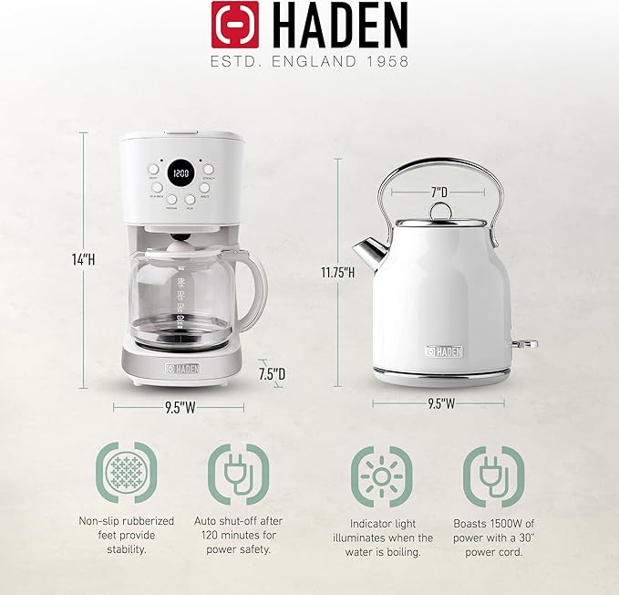 HADEN Coffee Machine, 12 Cup Drip Coffee Maker Bundled with Heritage 1.7 Liter Stainless Steel Electric Kettle, Ivory & Chrome