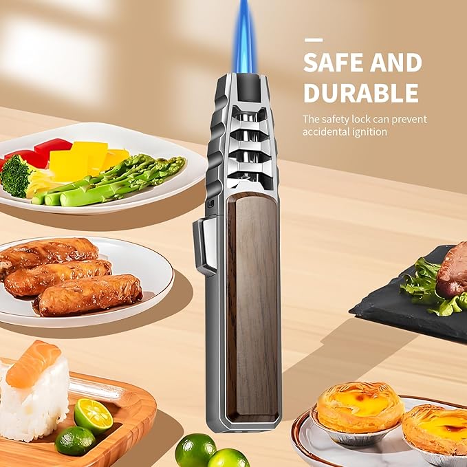Butane Torch Lighter,Windproof Refillable Kitchen Cooking Torch,Adjustable Flame Solar Beam Blow Torch with Safety Lock for Candle Camping BBQ (Not Included Butane Gas) (Brown)