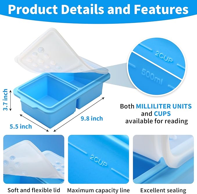 2 Cup Silicone Freezer Tray Ice Cubes with Lids and Date Mark for Storing Lasagna Leftovers Sauces Portioned Meals and More, Silicone Soup Freezer Molds for Meal Prepping 2 Pack Blue