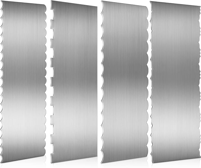Geiserailie 4 Pieces Stainless Steel Cake Scraper Smoother Large Double Sided Patterned Edge Stripe 9 Inch Metal Cake Decorating Comb for Icing Mousse Butter Cream Decoration, 4 Styles