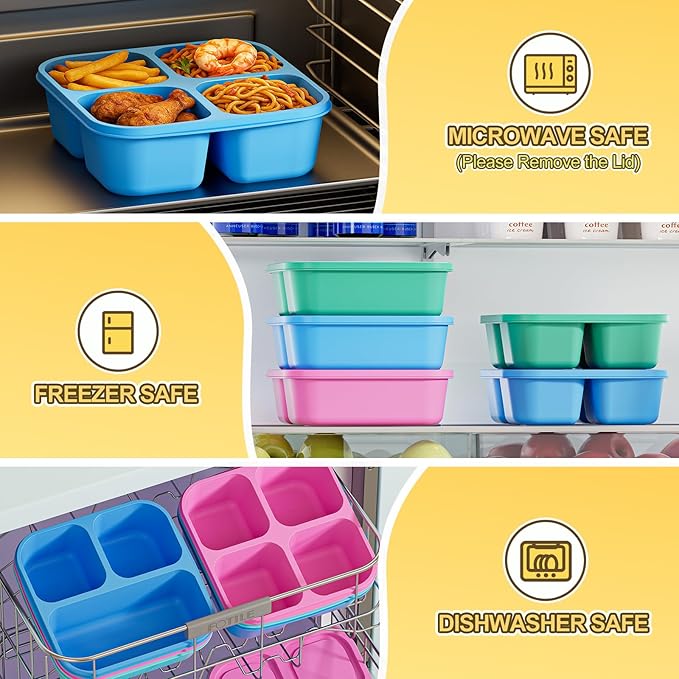 6 Pcs Snack Box Container Set, Reusable 3&4 Compartment Meal Prep Snack Containers for Adults Kids Toddler, BPA-Free Divided Lunchable Container for School, Work and Travel (Multicolor)