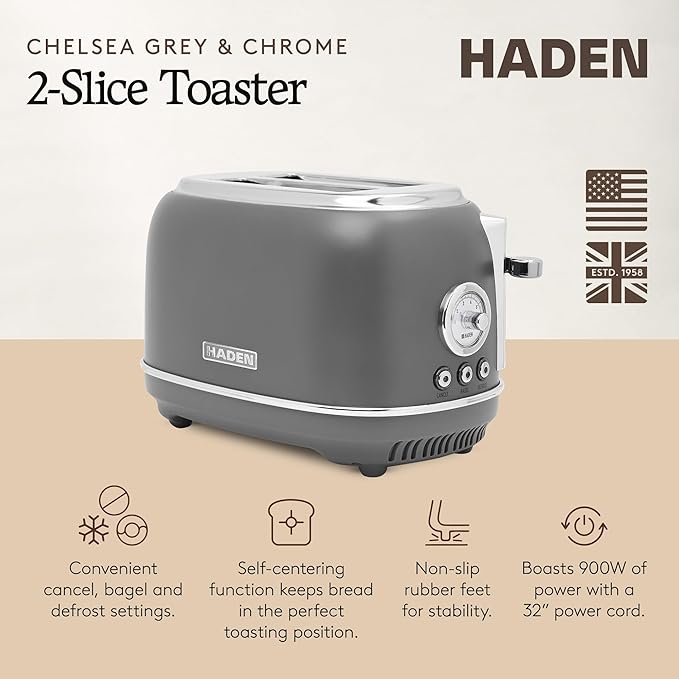 Haden Chelsea 2 Slice Wide Slot Toaster with Adjustable Browning Control, Grey & Chrome