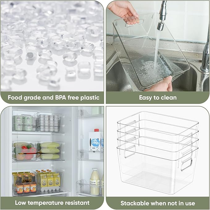 BALEINE Clear Plastic Storage Bins, Pantry Organization, BPA Free Stackable Refrigerator Organizers and Storage with Handles for Kitchen Fridge Cabinet Bathroom (8PK, 11x7.5x6)