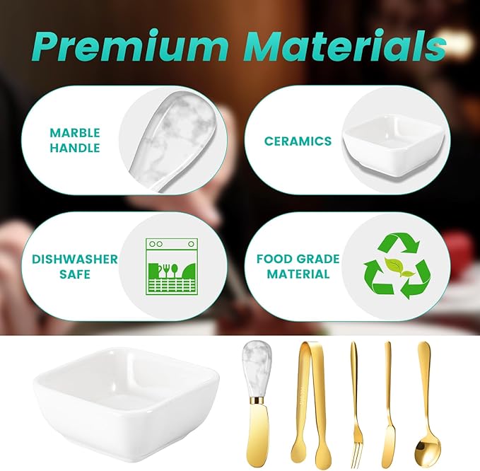Charcuterie Board Accessories With 3 Oz Ceramic Dip Bowls, Ceramics Handle Gold Cheese Spreader Butter Knive Set Kit, Mini Tongs, Spoons, Forks,Honey Dipper, Cocktail Picks