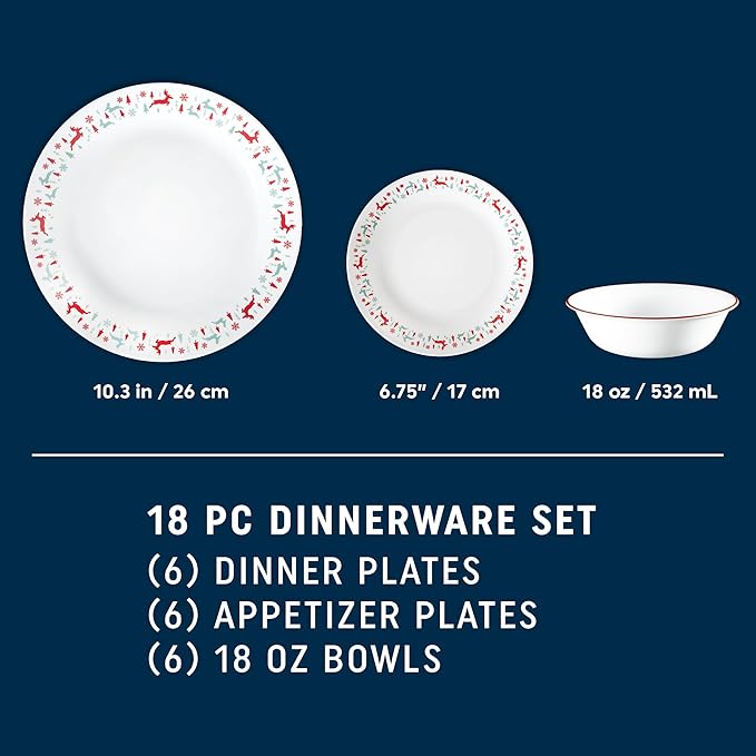 Corelle Vitrelle 18-Piece Christmas Service for 6 Dinnerware Set, Triple Layer Glass and Chip Resistant, Lightweight Round Holiday Plates and Bowls Set, Be Merry