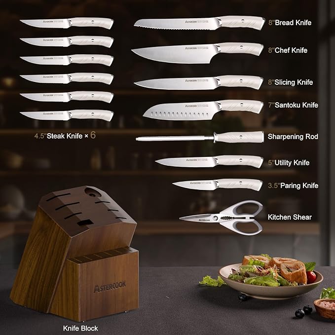 Knife Set, Astercook Kitchen Knife Set with Block, 15 Pcs Luxurious High Carbon German Stainless Steel Knives Set with Full Tang Ergonomic Handle, Dishwasher Safe Knife Block Set with Sharpening Rod