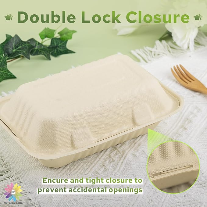 Mat Board Center, 9x 6x 3 inch, 250-Count Ribbed Hamburger Compostable Clamshell Bamware (Bamboo Fiber) Take-Out/to-Go Food Boxes-Biodegradable Containers Hinged Lid-Microwave-Safe-Gluten-Free