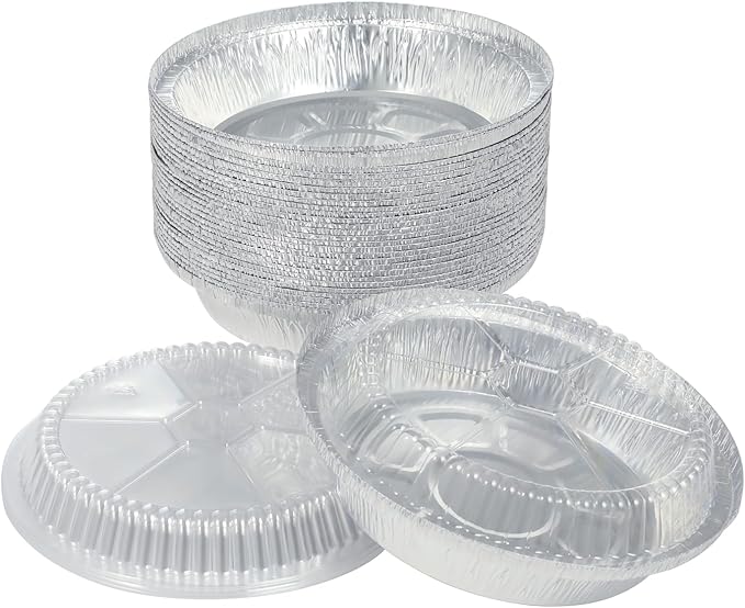 7 Inch Round Aluminum Pans with Lids (60 Pack) Disposable Foil Pan with Clear Dome Top, Aluminum Tin for Roasting Baking Cooking