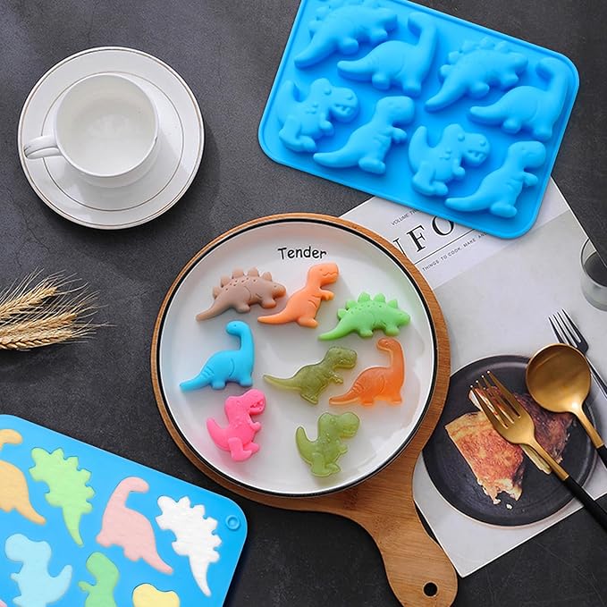 JOERSH 2Pcs Dinosaur Silicone Candy Molds Gummy Dinosaur Molds 8-Cavity Shaped with T-rex, Stegosaurus, Triceratops, Brontosaurus, Non-Stick for Chocolate, Cookie, Snacks, Cake Decorations