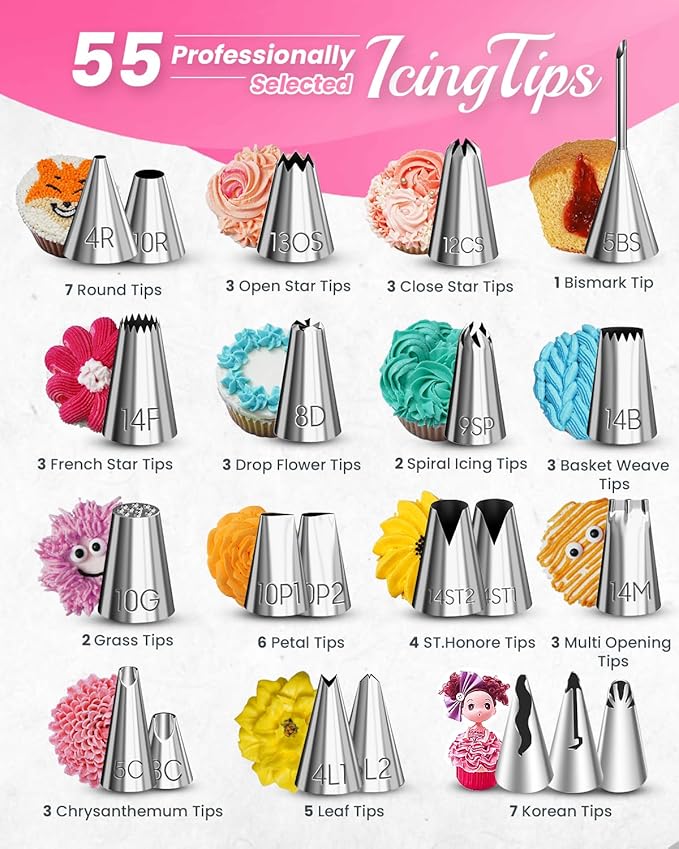 RFAQK 200PCs Cake Decorating Kit with Cake Turntable & Leveler, Baking Supplies Gift Includes 110+1 Piping Bags,55 Icing Tips,2 Frosting Spatulas, Adjustable Scraper, Video Tutorial, Booklet & more
