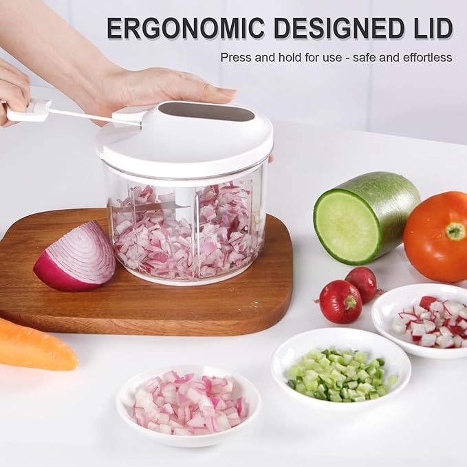 LHS Manual Food Processor Large Vegetable Chopper, 1000ML Pull String Chopper Garlic Mincer Onion Cutter for Veggies,Salad,Fruits, Nuts, BPA Free, WHITE