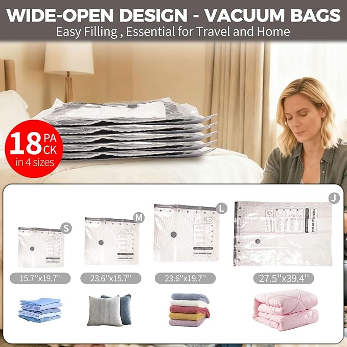 18 Pack Travel Vacuum Storage Bags with Electric Pump, Vacuum Seal Space Saver Bags for Clothing (6J+3L+6M+3S), Compression Packing Bags for Clothes, Bedding,Travel & Organization