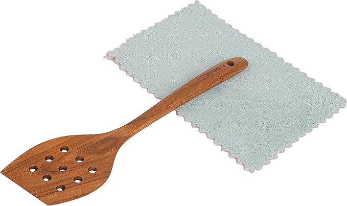 Teak Wooden Spatula for Cooking – Natural Non-Stick, Handcrafted Kitchen Utensils with Round Slotted Turner, Comfort Grip & Microfiber Cloth