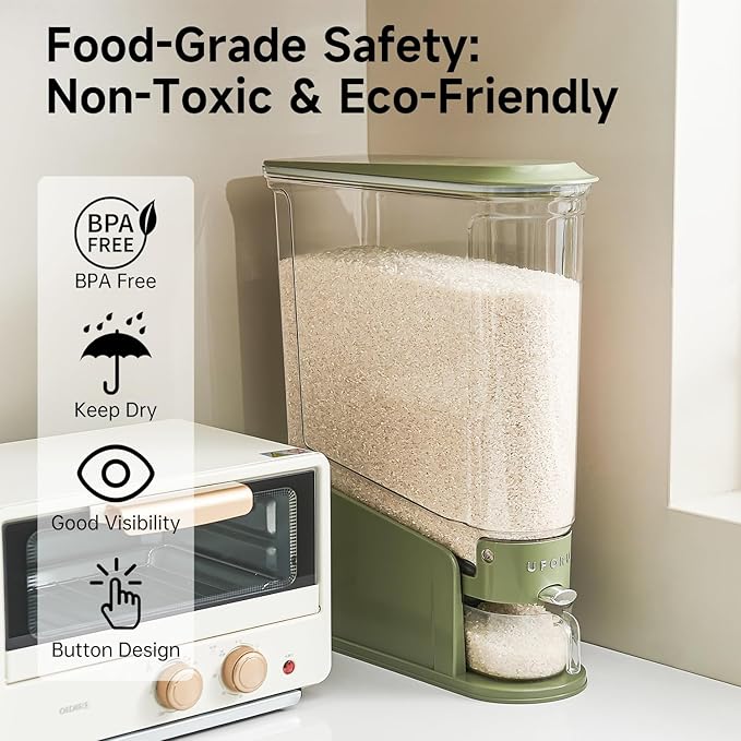Rice Dispenser 22Lbs, Slim Rice Storage Container for Small Space, BPA-Free Clear Dry Food Dispenser Sealed Moisture Proof, Grain&Cereal Storage Bucket for Kitchen Pantry Household,Green