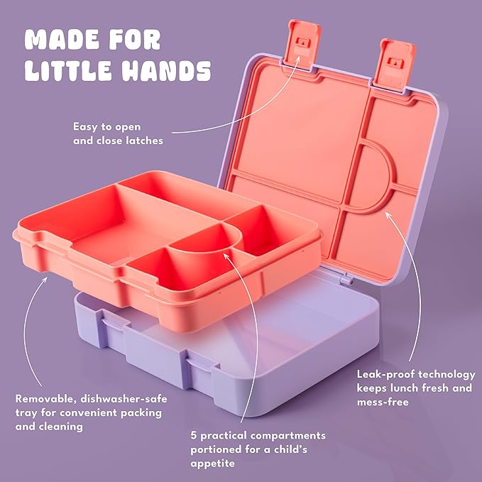 Personalized Bento Box for Kids with Safari Icon and Name - Salmon - 5 Compartments Drop-Proof Bento Box, Dishwasher Safe, Made with BPA-Free Materials, Bento Lunch Box for Kids and Toddlers