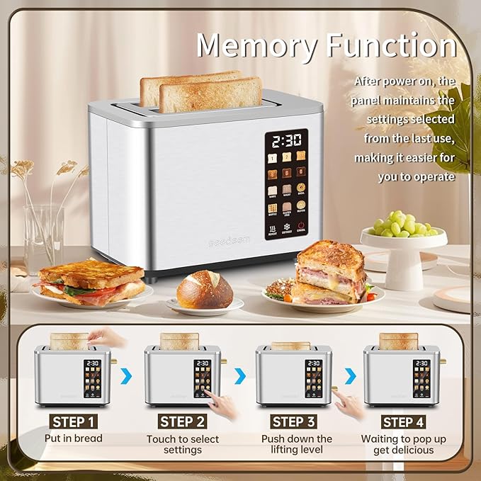 SEEDEEM Toaster 2 Slice, Touch Control Screen, Smart Stainless Toaster, 6 Shade Setting, 6 Bread Selection, Countdown, Removable Crumb Tray, 900W, Silver Metallic