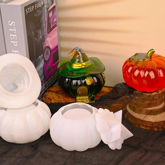 Actvty Halloween Resin Molds - 2 Pcs Pumpkin Jar Silicone Molds With Witch Lid for Casting, Craft DIY, Jewelry, Candy Storage Container