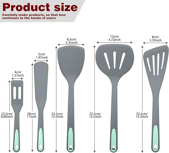 To encounter 5 Pieces Silicone Spatula Set, Non-Stick Silicone Turner Spatulas, Heat Resistance Cooking Utensils, Flip Turner for Fish, Egg, Pancake,Dishwasher Safe, Light Grey