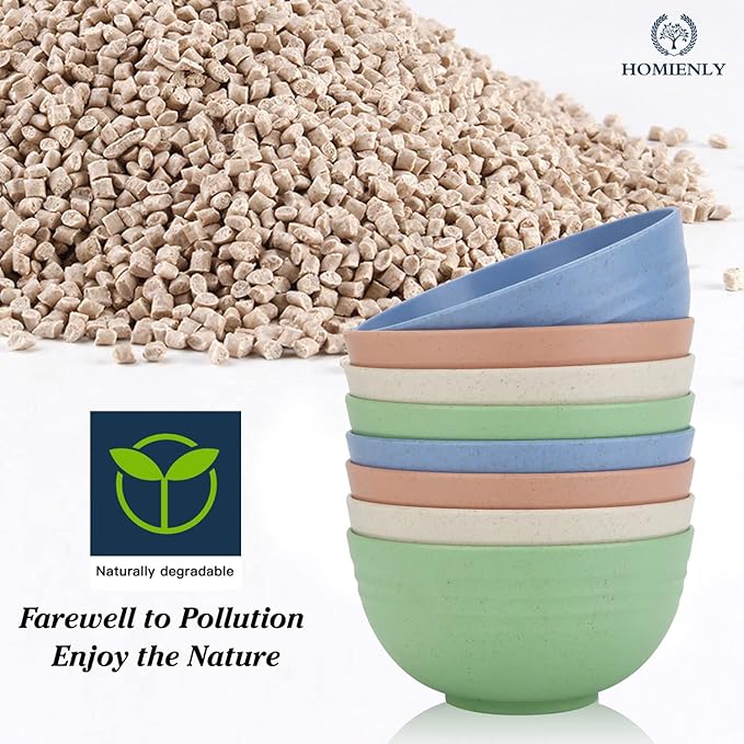 Homienly Wheat Straw Bowls, Unbreakable Cereal Bowls Microwave Safe, 8 PCS Lightweight Stackable Snack & Soup Bowls for Kitchen, Camping, Party, Dishwasher Safe Plastic Bowl Alternative (Light, 26oz)