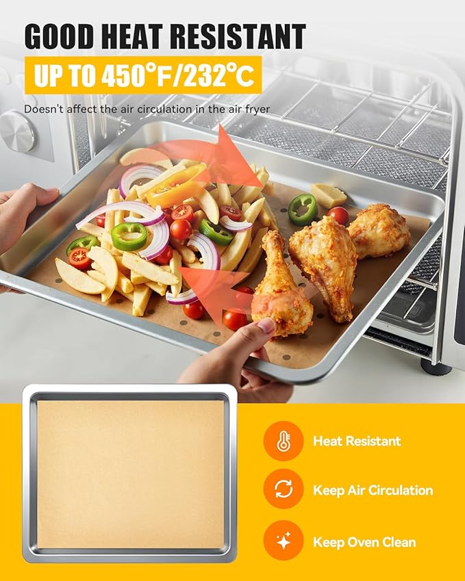 154PCs Paper Liners Compatible with Emeril Lagasse 26QT Extra Large Air Fryer Toaster Oven Accessories,100PCs Unbleached Parchment Paper,50PCs Disposable Liners with Holes, 4PCs Reusable Baking Mats