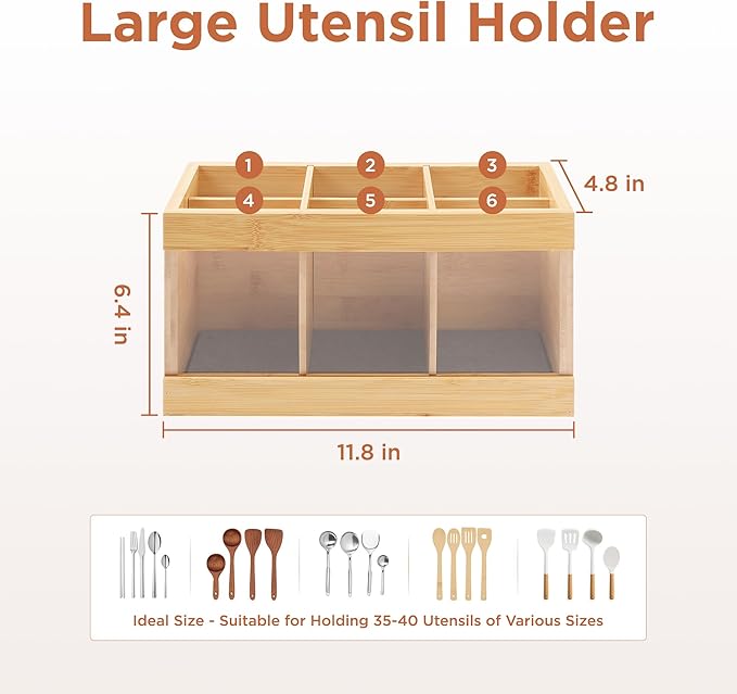 Kitchen Utensil Holder 6-Compartment Countertop Cooking Spoon Holder with Absorbing Drying Stone & Acrylic Panel Bamboo Kitchen Utensil Organizer