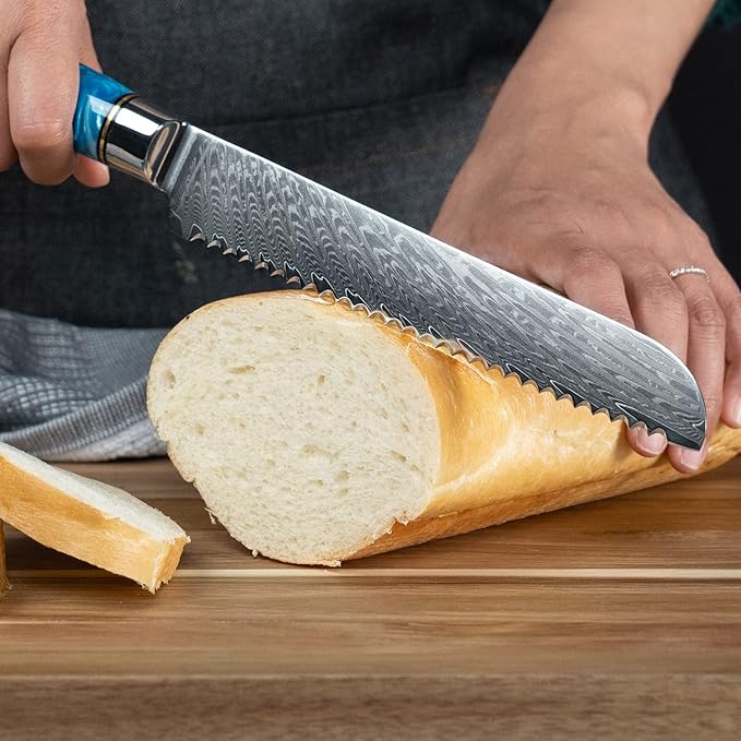 SENKEN 7-Piece Damascus Kitchen Knife Set - Tsunami Collection - 67-Layer Japanese VG10 Steel - Chef's Knife, Cleaver, Santoku, Bread, Boning, & More