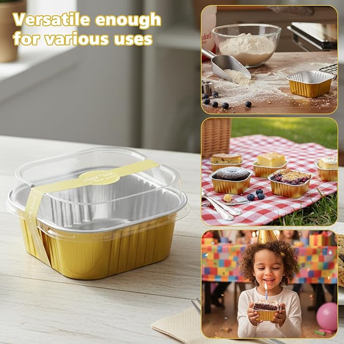 Ruckae 5oz 100 Pcs Square Mini Loaf Pans with Lids-Disposable Foil Dessert Containers,Mini Cake Pans with Lids,Aluminum Dessert Cups for Parties and Weddings (Gold, 5oz)