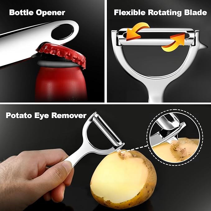 Premium Vegetable Peeler, Y Shaped Super Sharp, Stainless Steel, Bottle Opener, Hanging Hole, Potato Eye Remover, Non-Slip Handle Slicer for Apple Carrot