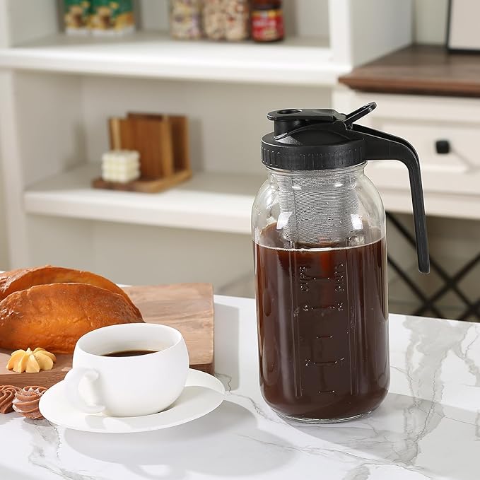 Cold Brew Coffee Maker Pitcher 64-ounce Glass Wide Mouth Mason Jar with Stainless Steel Filter and Pour Spout Handle Lid (Black, 64Ounce)