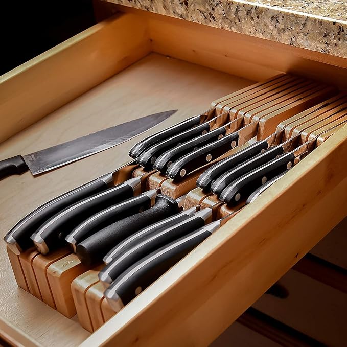 Homemaid Living In Drawer Knife Block Bamboo, Holds 16 Knives + Knife Sharpener Slot, Knife Organizer for Kitchen Drawer, Knife Drawer Organizer, Drawer Insert, Drawer Knife Holder (2" tall, 17" deep)