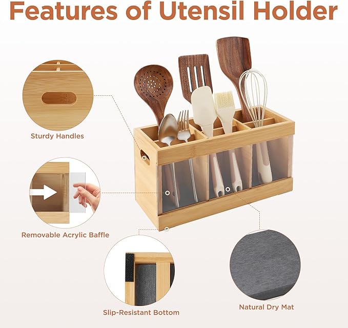 Kitchen Utensil Holder 6-Compartment Countertop Cooking Spoon Holder with Absorbing Drying Stone & Acrylic Panel Bamboo Kitchen Utensil Organizer