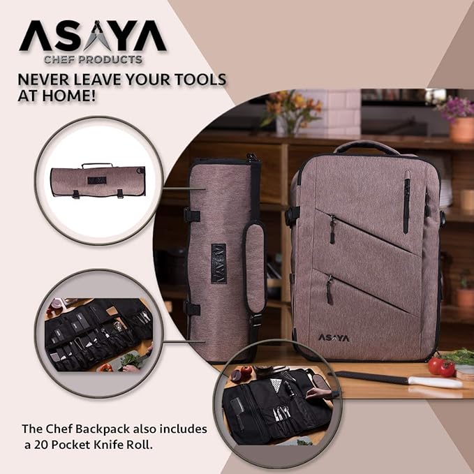 Asaya Chef Knife Backpack with 20 Pocket Knife Roll Bag - Over 30 Pockets for Knives - Knives Not Included (Brown)