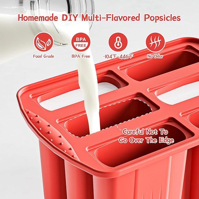 6 Pieces Silicone Popsicle Molds,Easy-Release BPA-Free,Ice Pop Mold Ice Cream Molds For Kids,With 6 PCS Plastic Stick+Cleaning Brush(Red)
