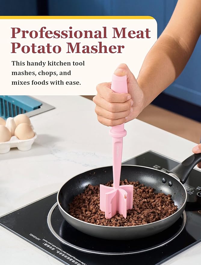 Upgrade Meat Chopper, Heat Resistant Meat Masher for Hamburger Meat, Ground Beef Smasher, Nylon Hamburger Chopper Utensil, Non Stick Mix and Chop, Potato Masher Tool