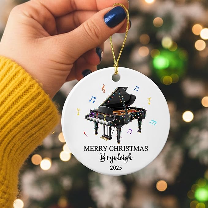 Personalized Piano Musical Ceramic Christmas Ornament, Customized Text Year Name Piano Player Ornaments Gift for Pianist Dad Mom Daughter Son Kid, Unique Pianos Instrument Ceramic Xmas Tree Ornament
