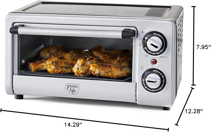 GreenLife Countertop Toaster Oven Air Fryer Stainless Steel, Healthy Ceramic Nonstick, PFAS Free, Tray & Basket, Bake, Broil, Reheat, Adjustable Temp & Time Control, Auto Shutoff, Black