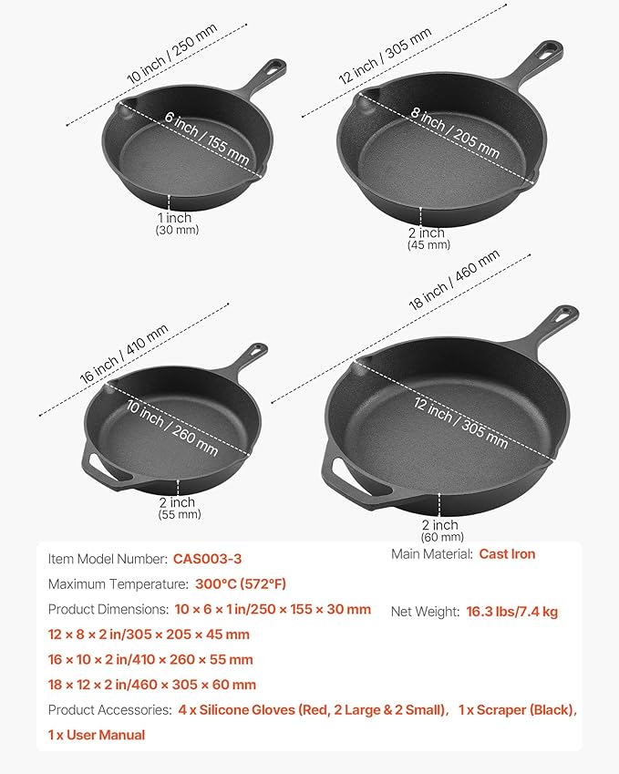 VEVOR Cast Iron Skillet, 4-Piece Frying Pan Set (6, 8, 10, 12 in), Skillets with Heat-Resistant Silicone Handle, Pre-Seasoned Chef's Pan, Kitchen Cookware, for Oven, Gas, Electrical, Induction, Black