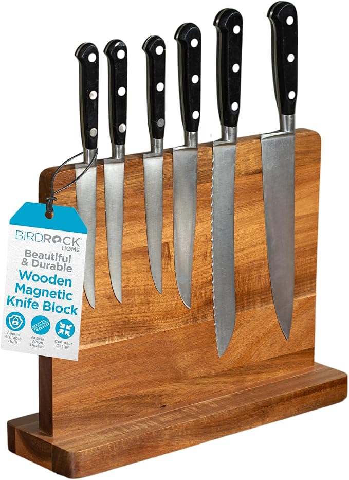 BIRDROCK HOME Wooden Magnetic Knife Block | Acacia Wood Knife Storage | Double-Sided Strong Magnetic Knife Holder | Knife Organizer for Kitchen & Space-Saving Design | No Knives Included | 12.8"Lx10"H