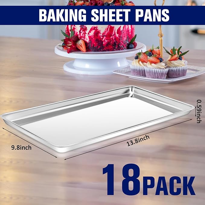 18 Pcs Baking Sheet Pan Set 13.8 × 9.8 × 0.6 Inches Cookie Sheet Large Toaster Oven Pans Stainless Steel Tray Barbecue Grill Pan Rectangle Trays Oven, Non-Stick, Easy Clean