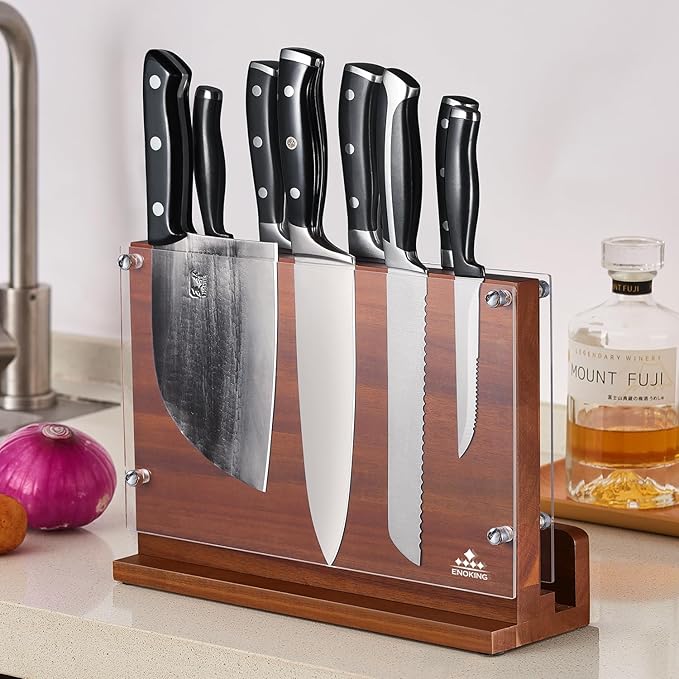 ENOKING Magnetic Knife Block with Acrylic Shield 12 x 9 Inches, Double Side Kitchen Knife Holder without Knives- Acacia Wood Universal Knife Storage Organizer with Powerful Magnet for Kitchen Counter
