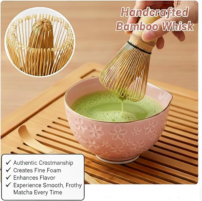 Pink Matcha Set - 5 Pcs Matcha Tea Set Includes Matcha Bowl with Spout, Bamboo Scoop, Sifter, Whisk and Holder, Matcha Whisk Set Pink Christmas Birthday Gift