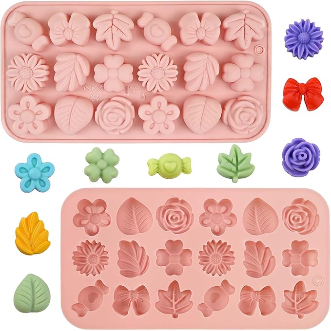 2 Pack Silicone Flower Candy Molds, Daisy Rose Tulip Floral Chocolate Molds with Flower Leaf & Bow Shapes for Baking, Soap, Jello, Ice Cubes, DIY Desserts and Crafts Making