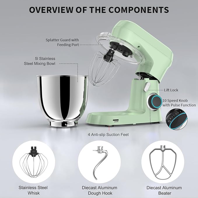 Stand Mixer, 5.5 Quart, 10 Speed Tilt-Head Kitchen Mixer, Copper Motor, Household Food Mixer with Bowl, Flat Beater, Dough Hook, Egg Whisk (450W Green)