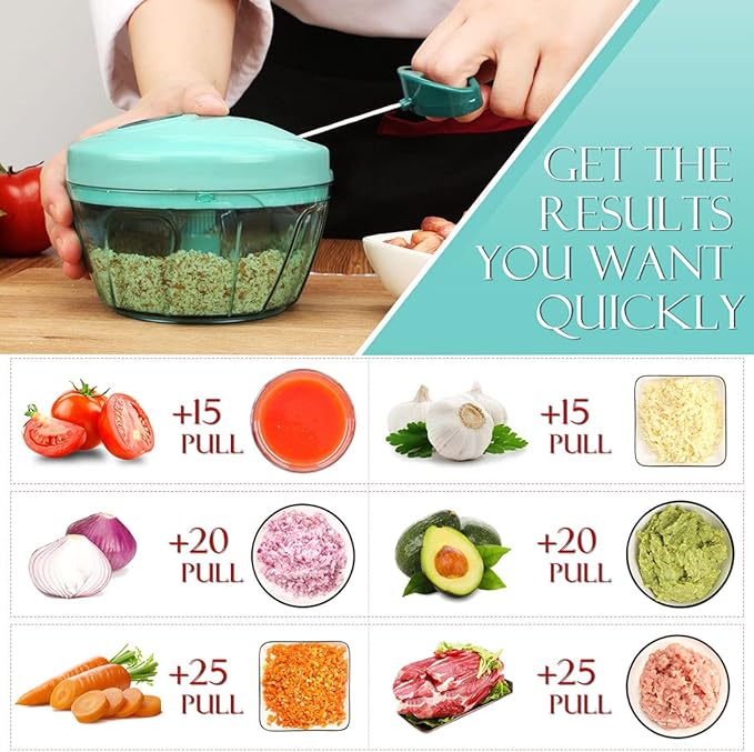 Ourokhome Manual Food Processor Vegetable Chopper, Portable Hand Pull String Garlic Mincer Onion Cutter for Veggies, Ginger, Fruits, Nuts, Herbs, etc., 500ml, Blue